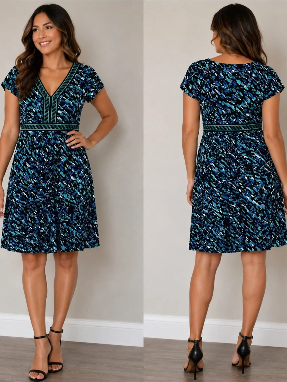 APT 9 Medium Blue Black Print Dress V Neck Empire Waist Knee Length Casual Work - Picture 1 of 5